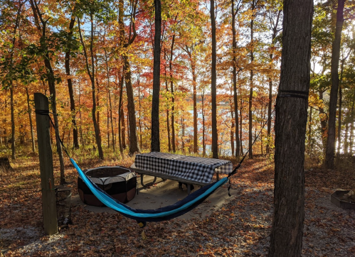 A serene campsite with a hammock, picnic table, and fire pit surrounded by colorful autumn trees by a lake.