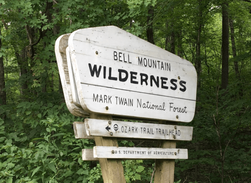 Sign for Bell Mountain Wilderness in Mark Twain National Forest, indicating the Ozark Trail trailhead.