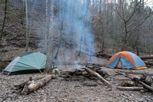 Two tents set up in a wooded area with a campfire surrounded by logs and smoke rising in the air.