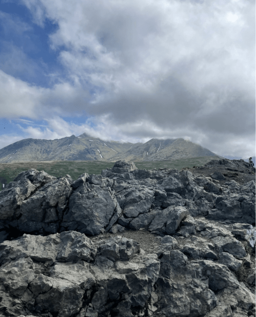 Rocky terrain in the foreground with a mountainous landscape and cloudy blue sky in the background.