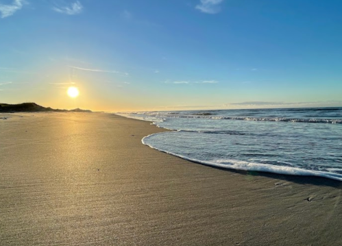 A serene beach at sunset, with gentle waves lapping at the sandy shore under a clear blue sky.
