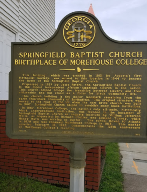 Historical marker for Springfield Baptist Church, birthplace of Morehouse College, detailing its significance and history.