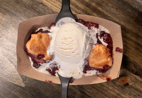 A dessert bowl with two biscuit pieces topped with vanilla ice cream and drizzled with berry sauce.