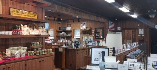 A rustic store interior with wooden walls, shelves of products, and a vintage fertilizer sign.