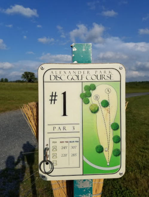 Sign for hole #1 at Alexander Park Disc Golf Course, showing a par 3 layout with distances and a map of the hole.