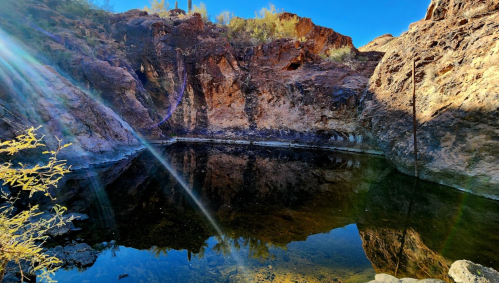 A serene natural pool surrounded by rocky terrain and desert vegetation, reflecting the clear blue sky.