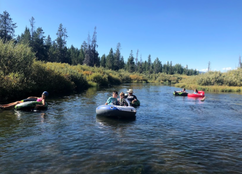 A group of people floating on inflatable tubes in a calm river surrounded by trees and greenery under a clear blue sky.