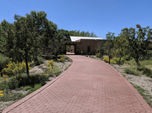 A winding brick pathway leads to a building surrounded by trees and yellow flowers under a clear blue sky.