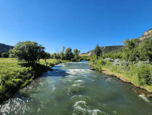 A serene river flows through a lush green landscape under a clear blue sky, surrounded by trees and hills.