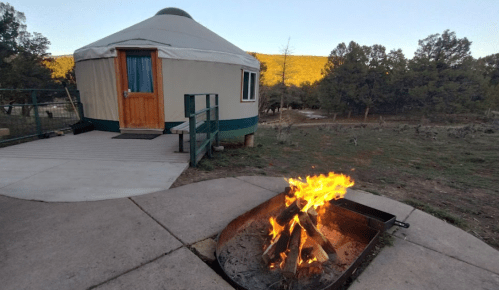 A cozy yurt with a wooden door beside a fire pit, surrounded by trees and hills in the background.