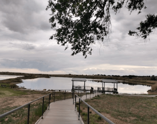 A serene lakeside view with a wooden dock, surrounded by grass and trees under a cloudy sky.