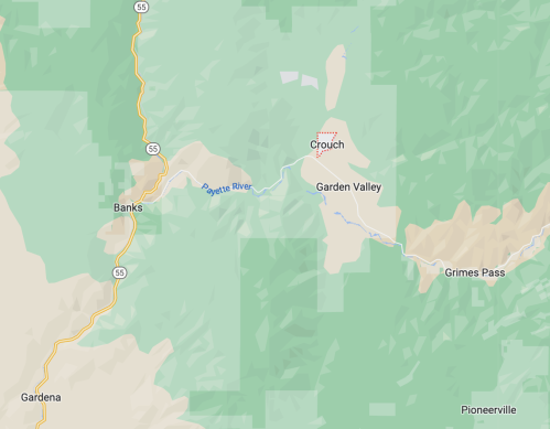 Map showing the area around Crouch, Garden Valley, and the Payette River, with surrounding green terrain and roads.