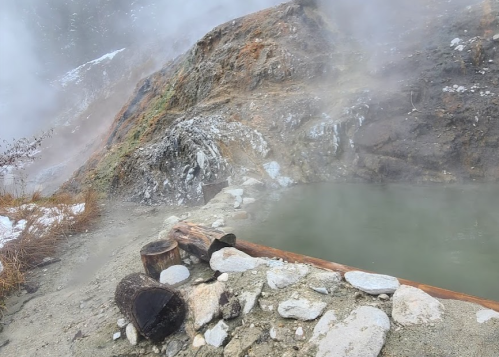 A misty landscape featuring a natural hot spring surrounded by rocky terrain and scattered logs.