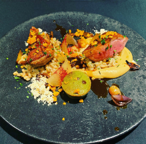 A gourmet dish featuring seared meat, grains, and colorful garnishes on a dark plate, showcasing artistic presentation.