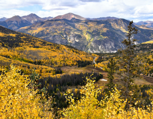 A scenic view of mountains covered in vibrant autumn foliage, with golden trees and a winding valley below.
