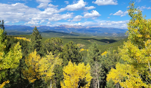 A scenic view of mountains and valleys, with vibrant yellow trees under a blue sky dotted with clouds.