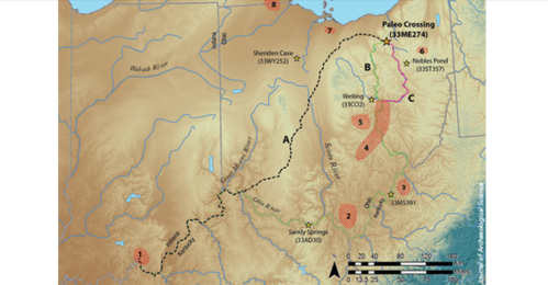 Map showing archaeological sites and routes in a mountainous region, with labeled locations and a scale bar.