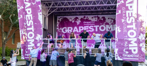 People participating in a grape stomping event on a stage, with vibrant banners in Grapevine, Texas.