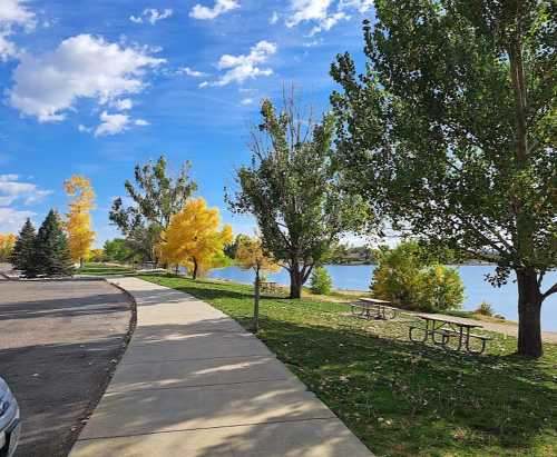 A scenic park path lined with trees and picnic tables, leading to a calm lake under a blue sky with fluffy clouds.