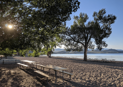 A sandy beach with picnic tables under trees, overlooking a calm lake and distant mountains in the background.
