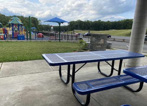 A blue picnic table in a park, with a playground and grassy area in the background under a cloudy sky.