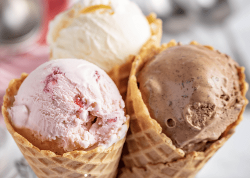 Three ice cream cones stacked together, featuring strawberry, vanilla, and chocolate flavors.