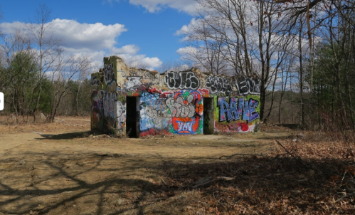 Abandoned structure covered in colorful graffiti, surrounded by bare trees and a clear blue sky.