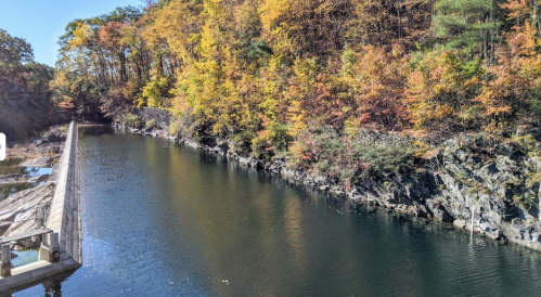 A serene river flows beside rocky banks, surrounded by vibrant autumn foliage in warm colors.