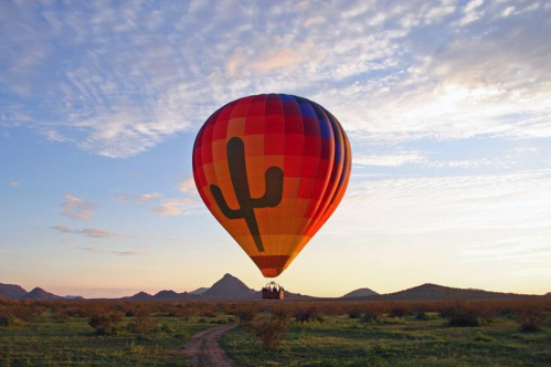 A colorful hot air balloon with a cactus design floats over a desert landscape at sunrise.