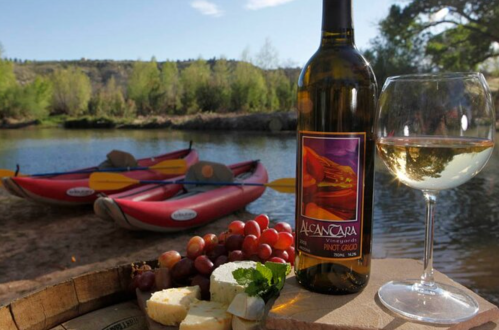 A bottle of wine and a glass sit beside a cheese platter, with kayaks and a serene lake in the background.