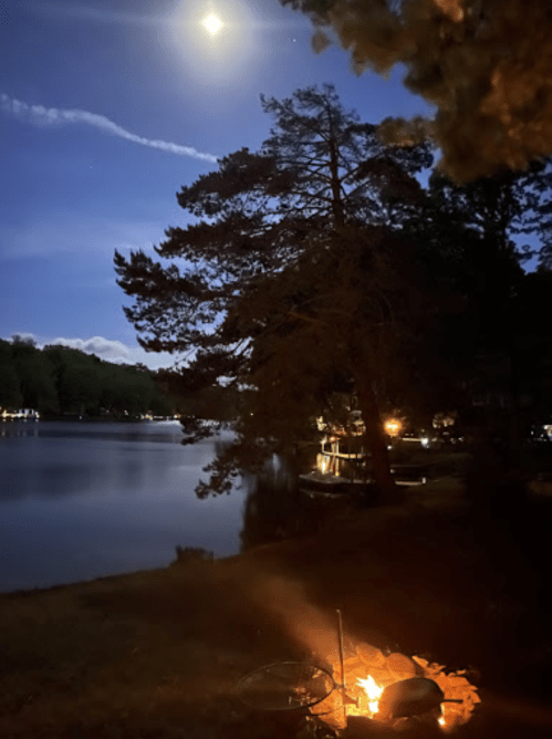 A serene lakeside scene at night, featuring a glowing campfire, tall trees, and a bright moon reflecting on the water.