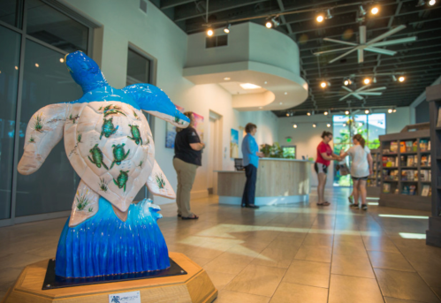 A colorful turtle sculpture stands in a bright lobby with people interacting and browsing in the background.