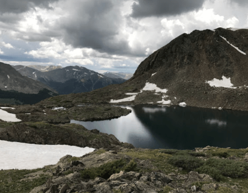 A serene mountain landscape featuring a calm lake surrounded by rocky terrain and snow-capped peaks under a cloudy sky.