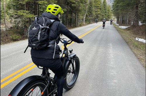A person in a yellow helmet rides an electric bike on a tree-lined road, with others biking in the distance.