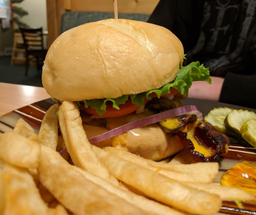 A close-up of a burger with lettuce, tomato, onion, and pickles, served with a side of fries on a plate.