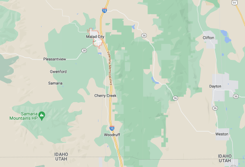 Map showing Malad City, Woodruff, and surrounding areas in Idaho, with highways and nearby towns labeled.