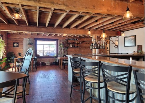 Cozy rustic interior of a bar with wooden beams, a long counter, and plants, featuring a view through a large window.