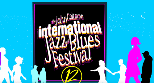 Colorful graphic for the John Coltrane International Jazz Blues Festival, featuring silhouettes of people and vibrant text.