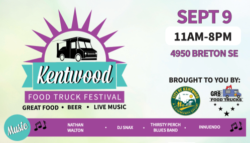 Promotional graphic for the Kentwood Food Truck Festival on Sept 9, featuring food, beer, and live music from 11 AM to 8 PM.