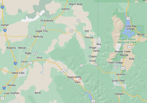 Map showing areas around Grand Teton National Park, including towns like Jackson, Driggs, and Swan Valley.