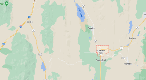 Map showing the area around Gunnison, Utah, with nearby roads and landmarks like Yuba Lake and Scipio.