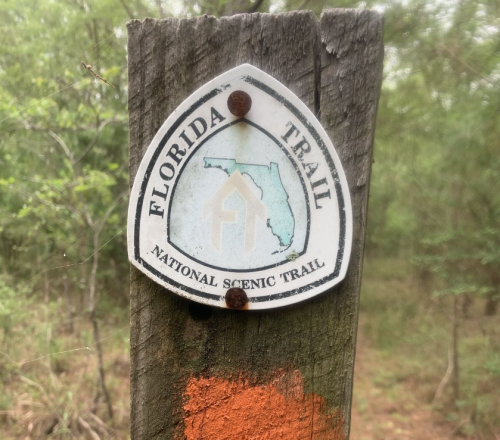 Sign for the Florida Trail, featuring a map of Florida and the text "National Scenic Trail" on a wooden post.