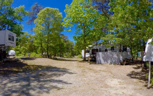 A gravel path through a green campsite with RVs and trees under a clear blue sky.