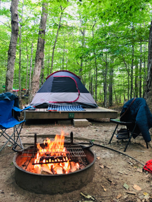 A campsite with a tent, campfire, and chairs surrounded by trees.