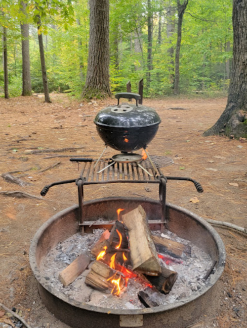 A black kettle sits on a grill over a campfire surrounded by trees in a forested area.