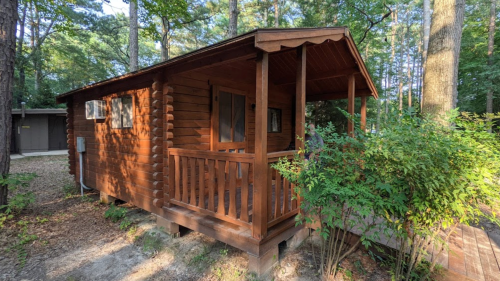 A cozy wooden cabin surrounded by trees, featuring a porch and a small garden area.
