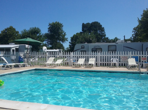 A clear blue pool surrounded by lounge chairs and a white picket fence, with RVs and trees in the background under a sunny sky.