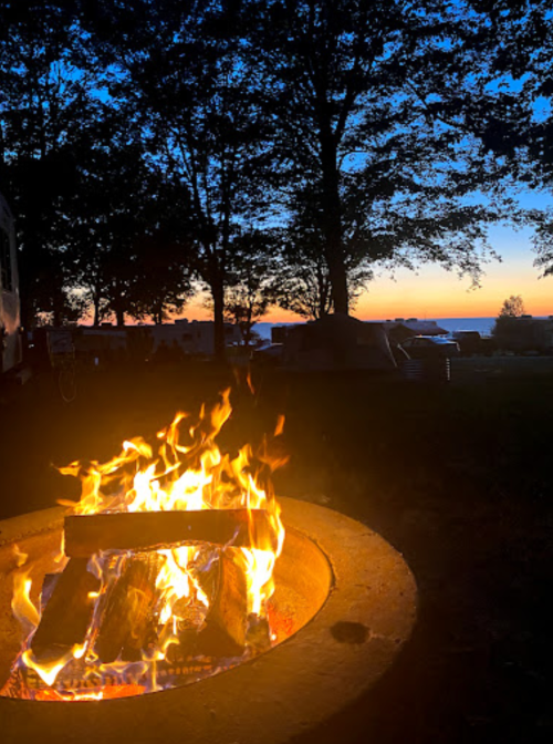 A cozy campfire burns brightly in a stone pit, with trees silhouetted against a sunset sky.