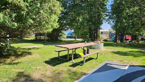 A picnic table in a grassy campsite surrounded by trees, with a camper and vehicles in the background.