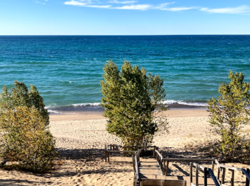 A sandy beach with steps leading down to the water, framed by green trees and a clear blue sky.